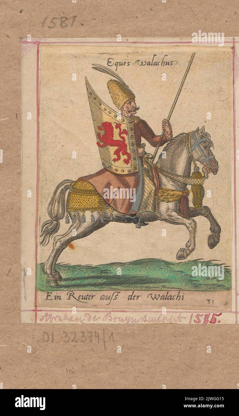 Mounted Wallachian rider, from the `Diversarum gentium armatura equestris. Ubi fere Europae, Asiae atque Africae equitandi ratio propria expressa est`. Bruyn, Abraham de (ca 1540-1587), graphic artist Stock Photo